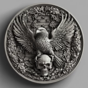 Create a circular, coin-like bas relief design featuring an eagl...