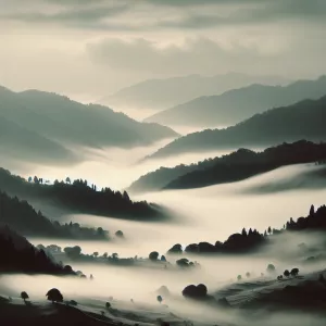 Schleier von Nebel über stillen Hügeln