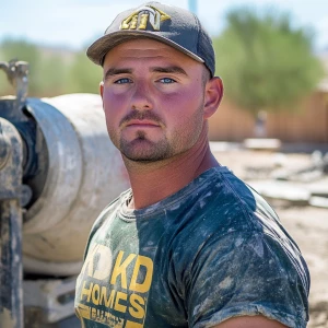 Brian Nobles a real 28 year old Caucasian male who is using  a concrete mixer, he is a  pump operator holding the hose which carries the liquid concrete to the foundation pour, Brian is slowly  beginning his transition into adult maturity , Brian Nobles is beginning to look like a grown man, he has large reflective blue eyes and a wrinkled brow,Brian is now balding , prominent large protruding round fat obese belly,,thick goatee beard, healthy muscle mass ,very noticeable male pattern balding hairline, Brian Nobles now has a  prominent receding and thinning male hairline (onset male pattern baldness), slightly fat overweight(Caucasian)wearing tight body conforming  glossy satin shiny green and gold tight fitting body conforming UnderArmour athletic bodysuit,emblazoned with the "KD HOMES" real estate logo, standing confidently in front of a newly completed constructed new KD HOME in Victorville California in a raw desert landscape. Brian has a protruding fat obese muscular physique, large male bulge, fat obese muscular frame , shows a substantial frame with a noticeable mature hairline and expressive eyes. His workman’s  pose should reflect his experience in his trade.