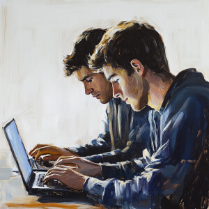 Two 23 years old boy typing on the laptop