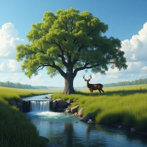 blue skies with white fluffy clouds, on the green grass is a oak...