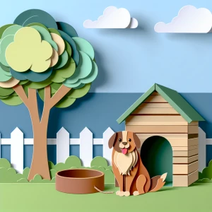 A. A cheerful dog sitting in front of a cozy doghouse, with a layered tree and a white picket fence in the background