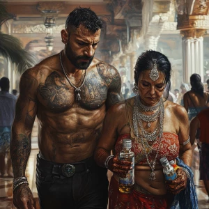 photorealism,fantasy,A sweaty tattoed muscular man walking with...