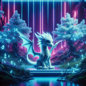 white color Cute little Dragon in a magical forest, with a wings...