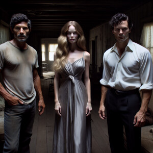 Two men and one woman are in a dark old dirty house at night
