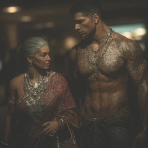 realism,.A sweaty beefy man walking with his 54 year old kashmir...