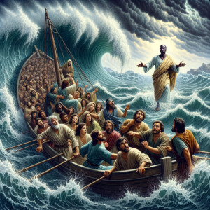 African-American Jesus telling Peter to come walk on the water,...