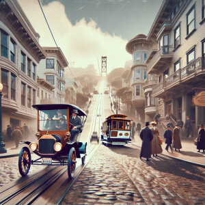 A model t driving down the streets of San Fracisco in the early...