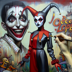 Create a 4k airbrush oil ink painting realistic Harley Quinn wit...