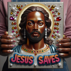 A 3D realistic artwork featuring the phrase 'Jesus Saves' adorne...