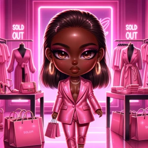 A chibi-style African American woman with glowing brown skin, sp...