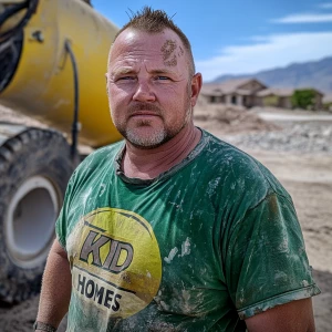 Brian Nobles a real 39 year old Caucasian male who is using  a concrete mixer, he is a  pump operator holding the hose which carries the liquid concrete to the foundation pour, Brian is slowly  beginning his transition into middle age, Brian Nobles is beginning to look like a older middle aged man, he has large reflective blue eyes and a wrinkled brow,Brian has a beard greying balding , prominent large protruding round fat obese belly,,thick greying goatee beard,decreased muscle mass ,very noticeable male pattern balding hairline, Brian Nobles now has a  prominent receding and thinning male hairline (onset male pattern baldness), slightly fat overweight(Caucasian)wearing tight body conforming  glossy satin shiny green and gold tight fitting body conforming UnderArmour athletic bodysuit,emblazoned with the "KD HOMES" real estate logo, standing confidently in front of a newly completed constructed new KD HOME in Victorville California in a raw desert landscape. Brian has a protruding fat obese muscular physique, large male bulge, fat obese muscular frame , shows a substantial frame with a noticeable mature hairline and expressive eyes. His workman’s  pose should reflect his experience in his trade.