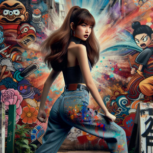 Attractive, Asian teenage girl, long brown hair and bangs, wearing tight skinny jeans and a halter top paint marks on her clothing, backside view heroic pose Asian graffiti