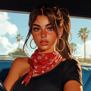 Lucia from GTA, a girl with brown hair, thick eyebrows, pumped u...