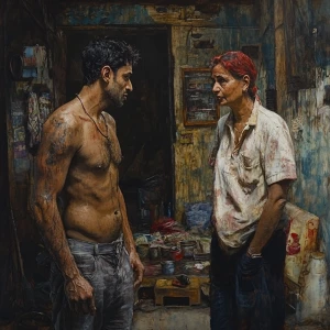 Realistic art ,A muscular sweaty man talking to his 54 year old...