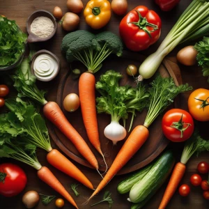 A vibrant spread of fresh vegetables—carrots, tomatoes, cucumbers, and leafy greens—arranged in a rustic kitchen setting, ready for preparation.