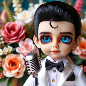 Elvis Presley doll with huge blue eyes flowers in the background