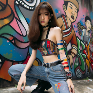 teenage girl, long brown hair and bangs, wearing tight skinny jeans and a halter top paint marks on her clothing, heroic pose Asian graffiti background, nearing on one knee