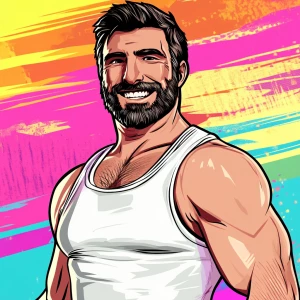 White muscular thin man with beard, big chin, smile and cheekbon...