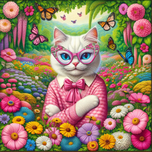 Illustrate a scene featuring a stylish white cat donning pink gl...
