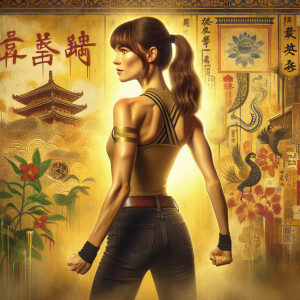 Athletic Thin skinny Attractive, Asian teenage girl, long brown hair and bangs, wearing tight skinny jeans and a halter top paint marks on her clothing, heroic pose Asian graffiti background, backside view