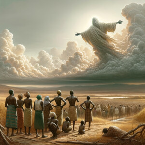 Black slaves looking up at a cloud forming into Jesus, HD, 4K, 8...