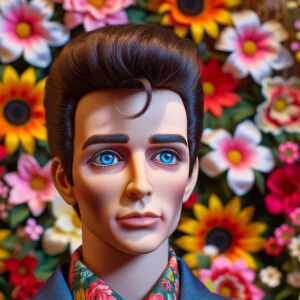 Elvis Presley doll with huge blue eyes flowers in the background