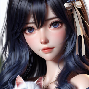 Realistic anime woman with dark blue hair and dark brown eyes. S...