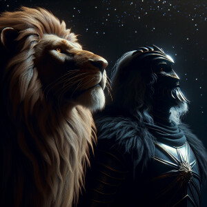 Mufasa and Darth Vader(star wars)wearing his iconic costume stan...