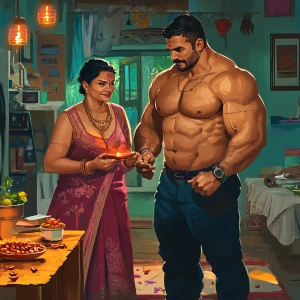 A muscular sweaty indian criminal man celebrating diwali festiva...