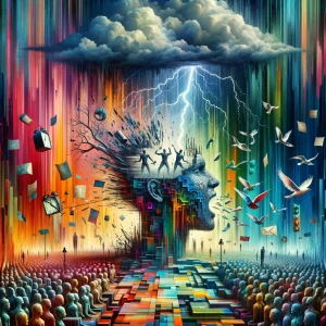 A surreal vertical tableau of three storms colliding: above, a t...