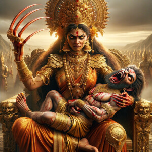 portrait of angry looking indian goddess sitting on a gold crown and carrying a weak mahishasur on her lap and poking him with her amazingly long red fingernails. She is wearing gold armor, a huge gold crown, gold saree, abundant  gold jewelry, covered in blood. The scene is set in ancient India. The image is 8K resolution, cinematic, photography, ultra detailed face and epic.