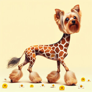 Create a whimsical, abstract, and exaggerated image of a Yorkie....