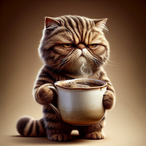 A grumpy cat holding a coffee cup