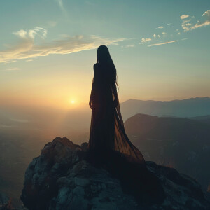 Fair-skinned woman with dark long hair, elegant and composed, st...