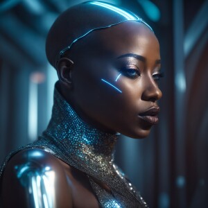 Generate a computer-generated holographic  robot image of a futu...