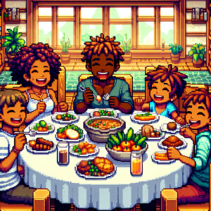 A joyful African American family enjoying a communal dinner at a...