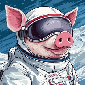 Cute cartoon pig in vintage white spacesuit and NASA style helme...