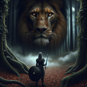 Create a realistic photo of an angry lion starring at a woman in...