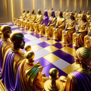 3-D realistic oil, painting, Oh a gold, and purple human chessbo...