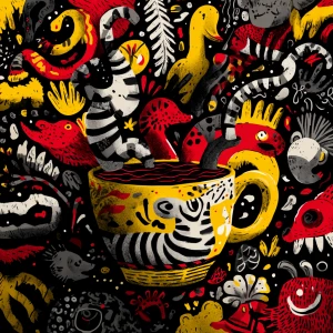 hand-drawn coffee cup overflowing with chaotic animals, fun bold...