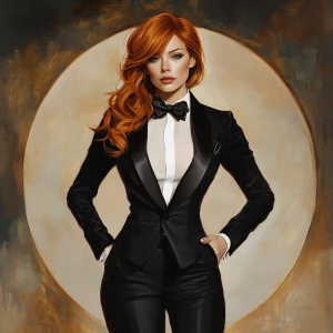 Create a full-body portrait of an elegant redhead woman styled a...