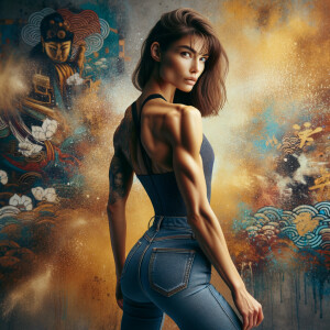 Athletic Thin skinny Attractive, Asian teenage girl, long brown hair and bangs, wearing tight skinny jeans and a halter top paint marks on her clothing, heroic pose Asian graffiti background,  backside view