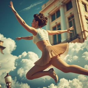 lovely lady diving arms wide over the clouds wearing a crop top...