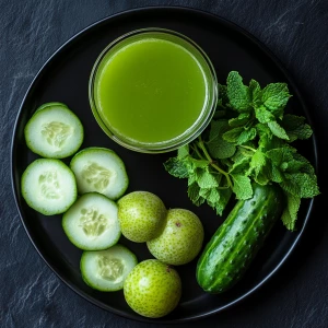 a black plate with various natural ingredients and a glass of fresh green juice. The ingredients include:

Indian Gooseberry (Amla) – The small greenish-yellow fruits at the bottom left. Amla is rich in Vitamin C and known for its health benefits, including boosting immunity and improving digestion.
Cucumber – A whole cucumber and several cucumber slices are on the right. Cucumbers are hydrating, rich in antioxidants, and help with detoxification.
Curry Leaves – The dark green leaves on the left side of the plate. Curry leaves are known for their digestive benefits and ability to improve hair and skin health.
Mint Leaves – The bright green leaves at the bottom of the plate. Mint is widely used for its refreshing taste and digestive benefits.
Green Juice – A glass of fresh green juice made from the ingredients on the plate. This juice is likely a detox drink with hydrating and immunity-boosting properties.
This type of juice is often consumed for its cooling effect, detox benefits, and to promote overall health. Would you like a recipe or more details about its benefits?