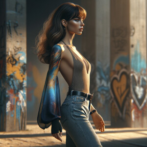 Sexy, Asian teen girl wearing skin tight jeans and a halter top long hair and bangs paint marks on her clothing, graffiti background heroic pose side view