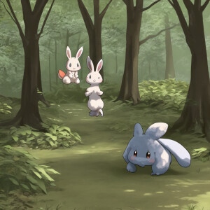 Pokémon in the form of cute rabbits playing together in the wood...