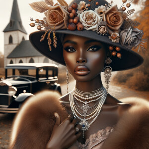 Create an image of a sophisticated woman with dark skin, wearing...