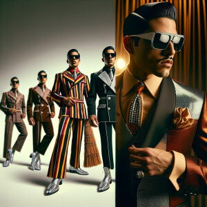 Male in a zuit suit with a futuristic look, sparkly shoes, dark...