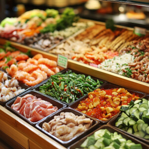自助快餐，专注于健康轻食，包括多名种肉类、海鲜、新鲜蔬菜、高纤维...